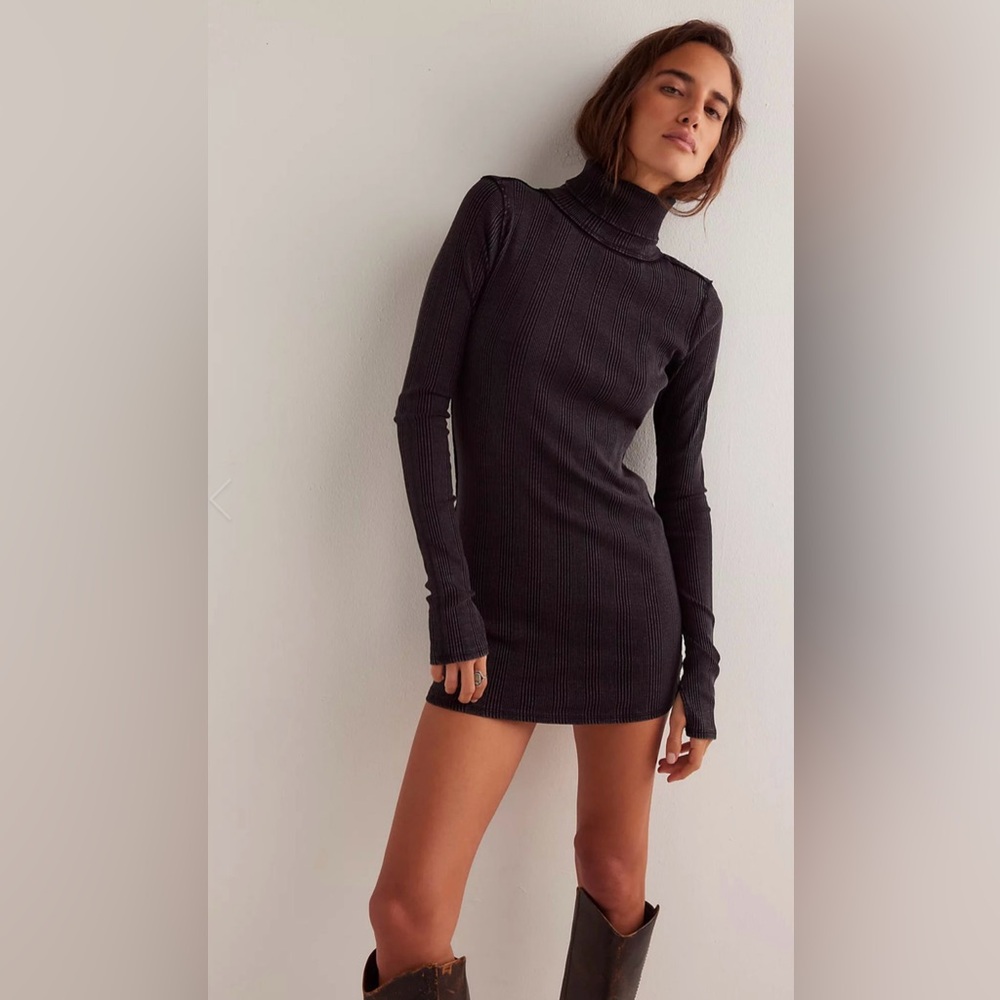 Free People Charcoal Ribbed Turtleneck Mini Dress